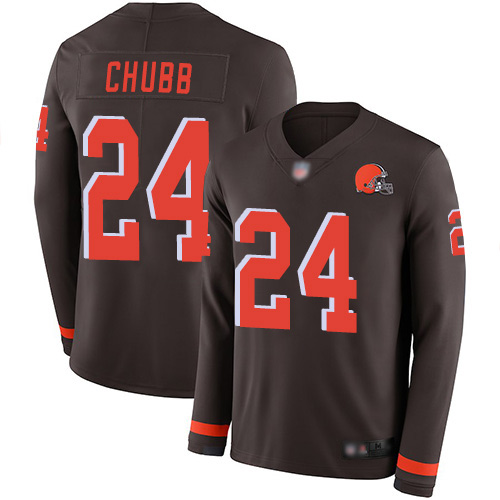 Cleveland Browns Nick Chubb Men Brown Limited Jersey #24 NFL Football Therma Long Sleeve